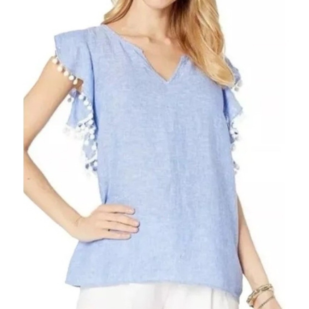 Lilly Pulitzer Astara 100% Linen Pom Pom Flutter Sleeve V-Neck Top WM Medium EUC